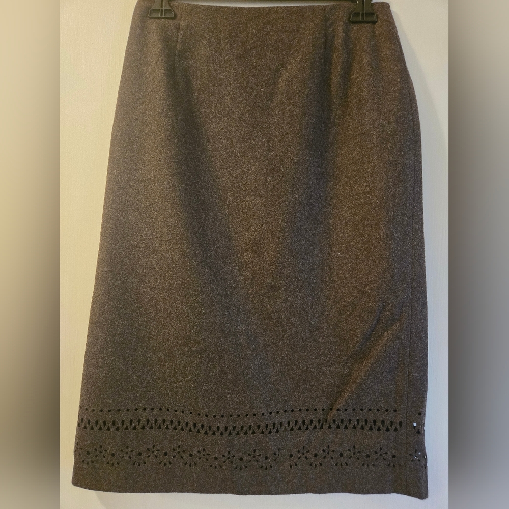 Neiman Marcus Brown Pencil Skirt with Laser-Cut Hem Detail